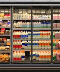 冷藏架上擺滿各種乳製品和飲料的商店。