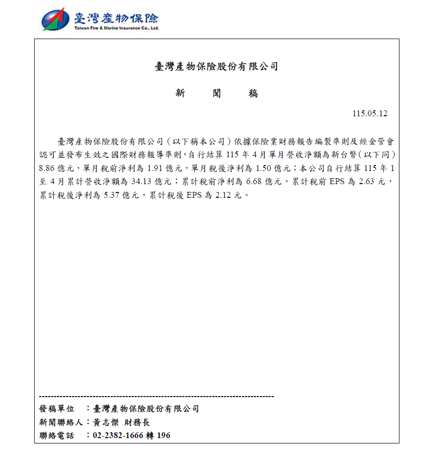 115年05月12日臺灣產險新聞稿(115年4月自結營收盈餘) - 執行合併.png (139 KB)